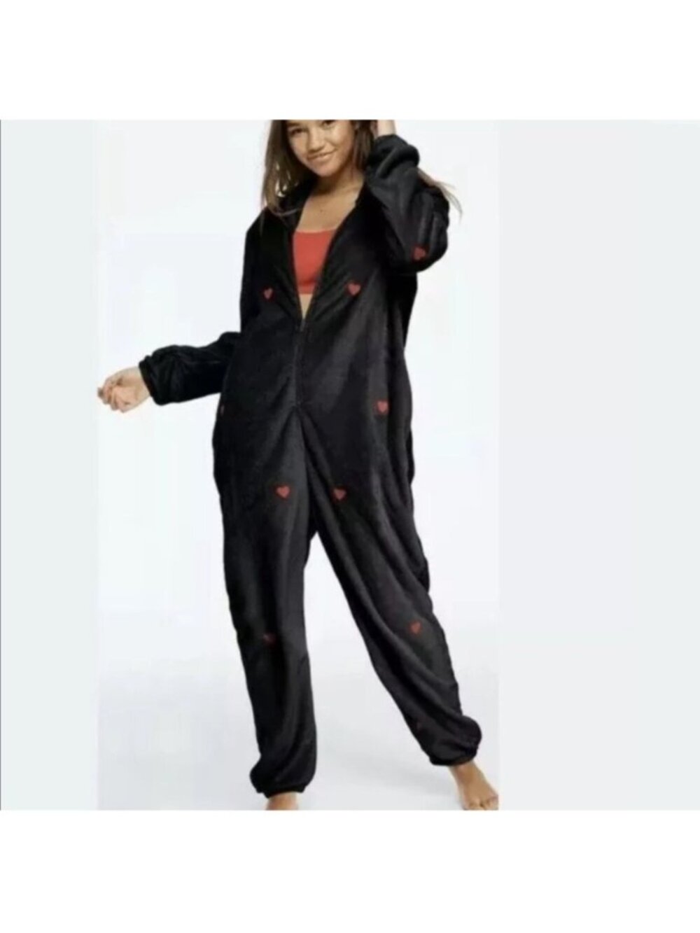 Victoria Secret PINK Onesie Teddy Plush Red Hearts embroidered Black